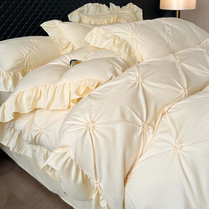 91家纺网 家纺一手货源 找家纺 千希家纺 2025新款扭花花边工艺四件套-唯美系列 买家秀加QQ群920079874或445224204或微信私信 唯美-米黄