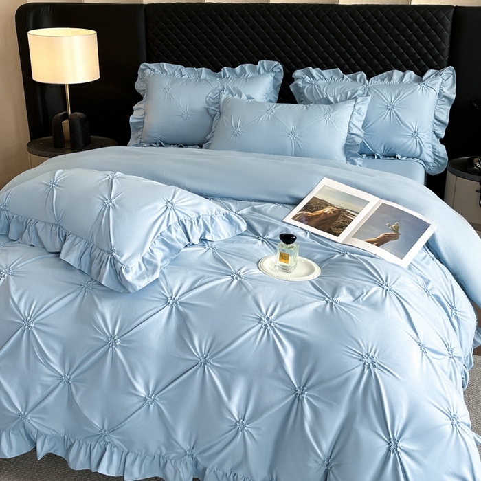 91家纺网 家纺一手货源 找家纺 千希家纺 2025新款扭花花边工艺四件套-唯美系列 买家秀加QQ群920079874或445224204或微信私信 唯美-蓝