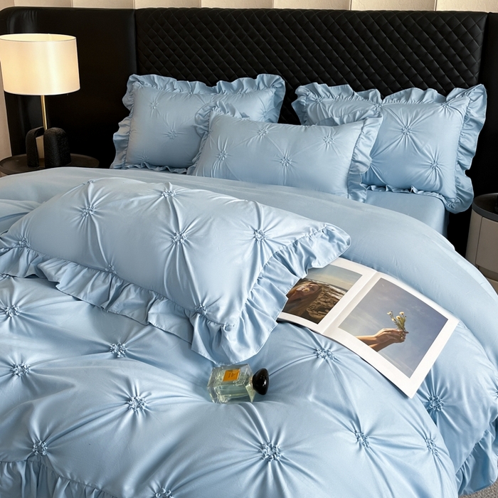 91家纺网 家纺一手货源 找家纺 千希家纺 2025新款扭花花边工艺四件套-唯美系列 买家秀加QQ群920079874或445224204或微信私信 唯美-蓝