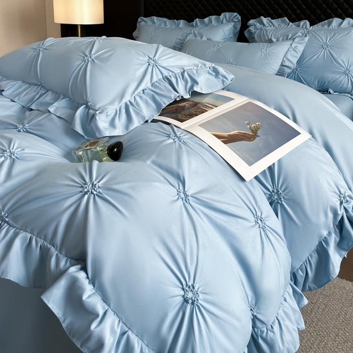 91家纺网 家纺一手货源 找家纺 千希家纺 2025新款扭花花边工艺四件套-唯美系列 买家秀加QQ群920079874或445224204或微信私信 唯美-蓝