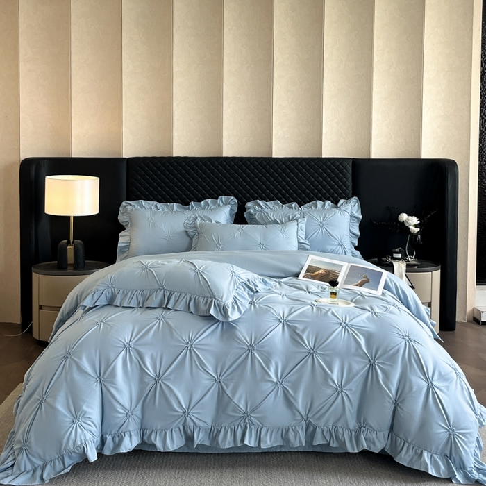 91家纺网 家纺一手货源 找家纺 千希家纺 2025新款扭花花边工艺四件套-唯美系列 买家秀加QQ群920079874或445224204或微信私信 唯美-蓝