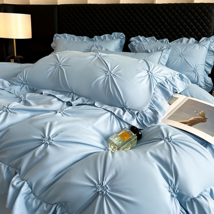 91家纺网 家纺一手货源 找家纺 千希家纺 2025新款扭花花边工艺四件套-唯美系列 买家秀加QQ群920079874或445224204或微信私信 唯美-蓝