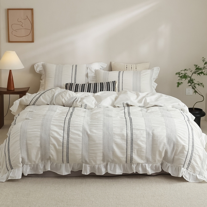 91家纺网 家纺一手货源 找家纺 （总）棉眠 2025新款水洗皱皱纱色织提花花边款系列