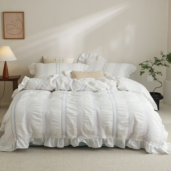 91家纺网 家纺一手货源 找家纺 （总）棉眠 2025新款水洗皱皱纱色织提花花边款系列