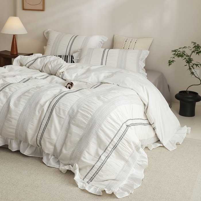 91家纺网 家纺一手货源 找家纺 （总）棉眠 2025新款水洗皱皱纱色织提花花边款系列