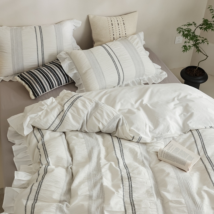 91家纺网 家纺一手货源 找家纺 （总）棉眠 2025新款水洗皱皱纱色织提花花边款系列