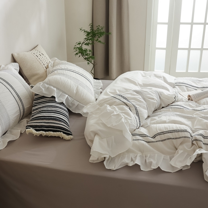 91家纺网 家纺一手货源 找家纺 （总）棉眠 2025新款水洗皱皱纱色织提花花边款系列