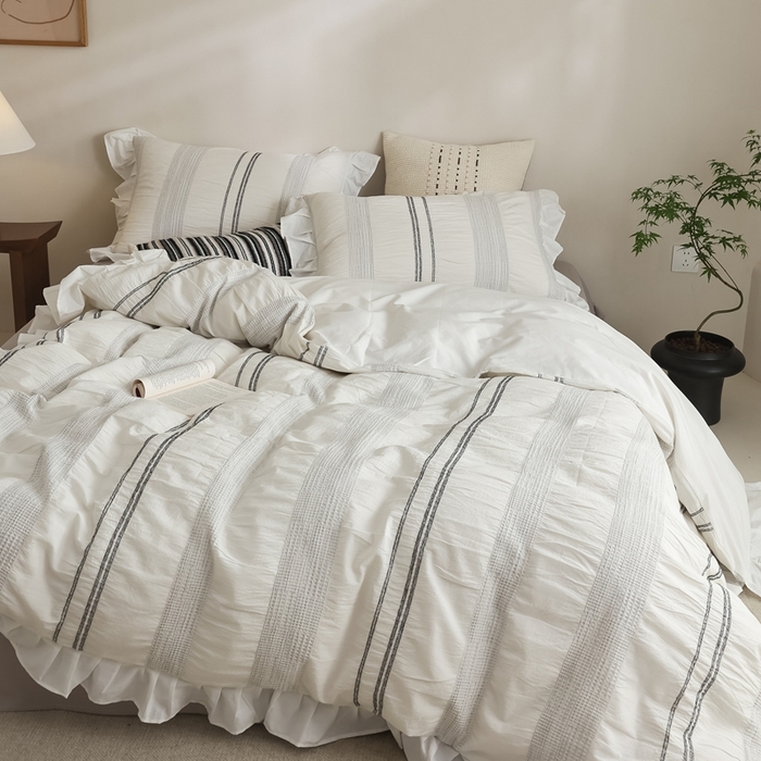 91家纺网 家纺一手货源 找家纺 （总）棉眠 2025新款水洗皱皱纱色织提花花边款系列