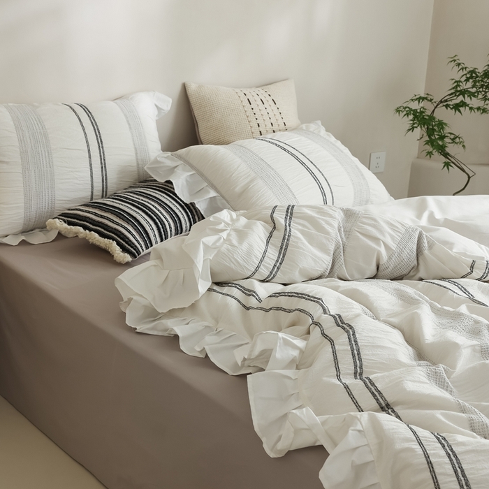 91家纺网 家纺一手货源 找家纺 （总）棉眠 2025新款水洗皱皱纱色织提花花边款系列