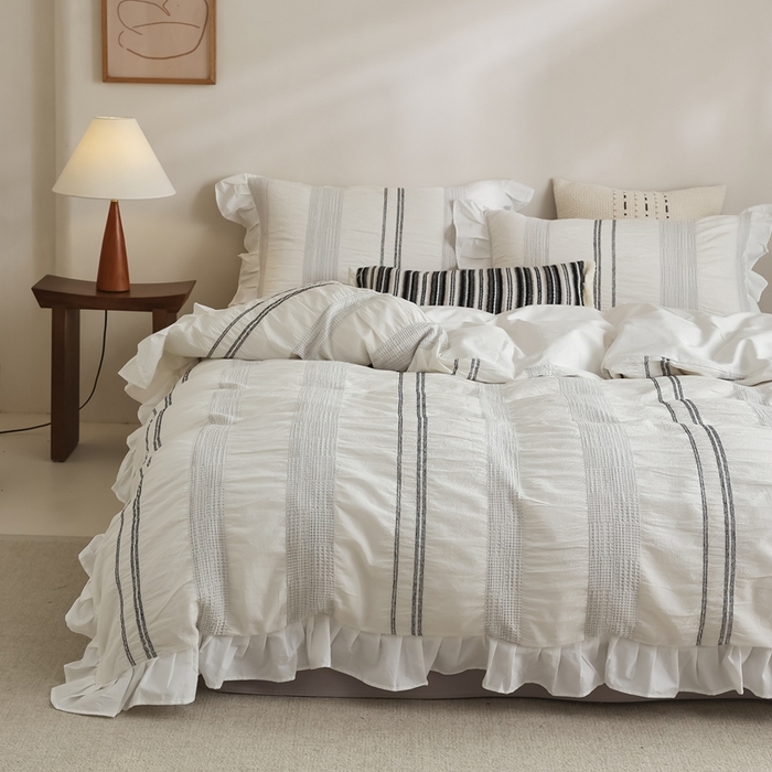 91家纺网 家纺一手货源 找家纺 （总）棉眠 2025新款水洗皱皱纱色织提花花边款系列