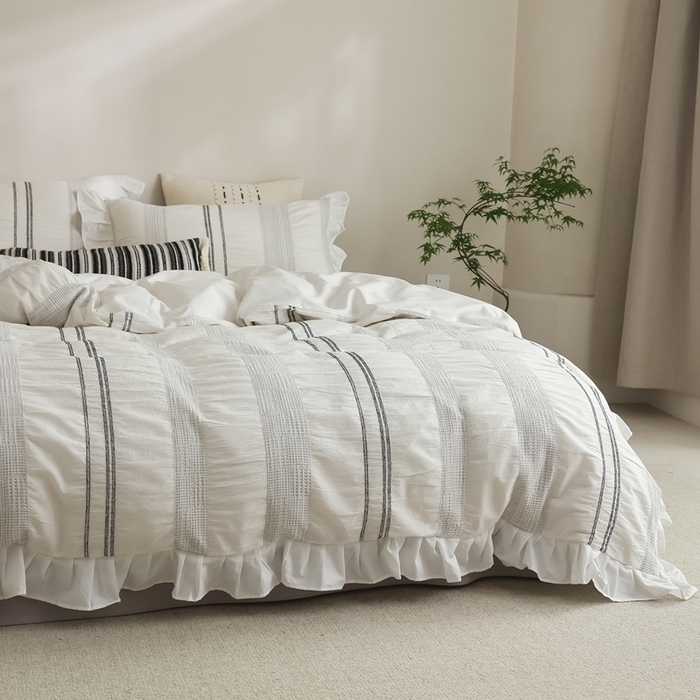 91家纺网 家纺一手货源 找家纺 （总）棉眠 2025新款水洗皱皱纱色织提花花边款系列