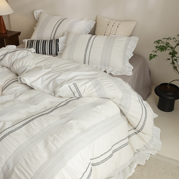 91家纺网 家纺一手货源 找家纺 （总）棉眠 2025新款水洗皱皱纱色织提花花边款系列