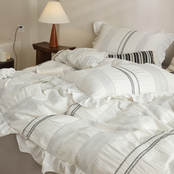 91家纺网 家纺一手货源 找家纺 （总）棉眠 2025新款水洗皱皱纱色织提花花边款系列