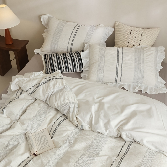 91家纺网 家纺一手货源 找家纺 （总）棉眠 2025新款水洗皱皱纱色织提花花边款系列