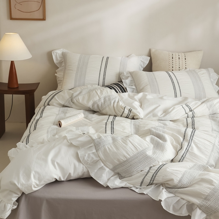 91家纺网 家纺一手货源 找家纺 （总）棉眠 2025新款水洗皱皱纱色织提花花边款系列