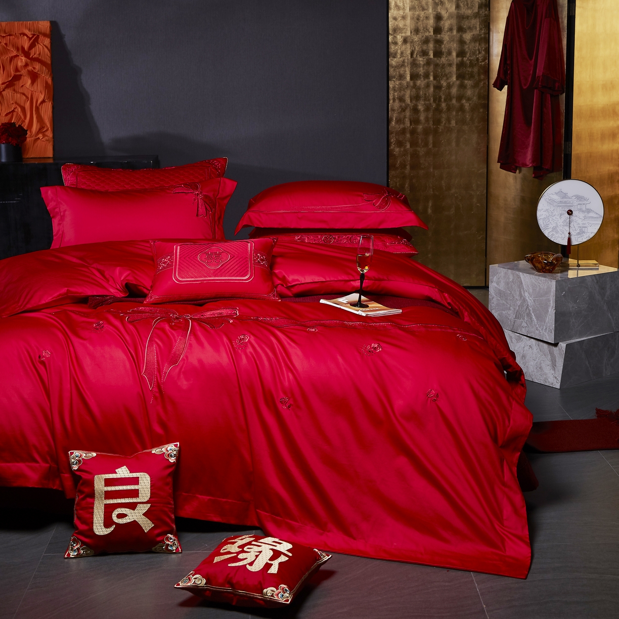 91家纺网 家纺一手货源 找家纺 高大尚婚庆馆 2025秋冬新款长绒棉臻棉系列婚庆款多件套 臻棉  爱意浓  (红）