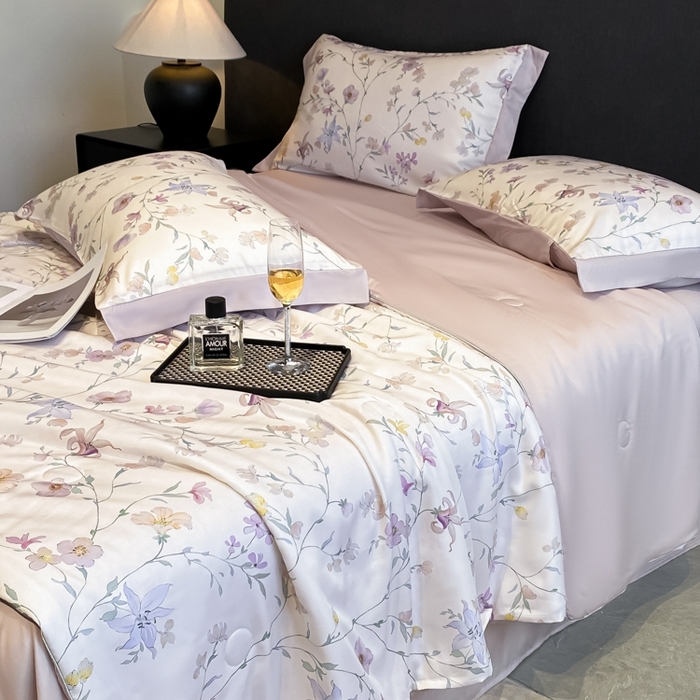 91家纺网 家纺一手货源 找家纺 慕尚家纺 2025新款莱赛尔天丝夏被夏凉被空调被四件套 花亦语