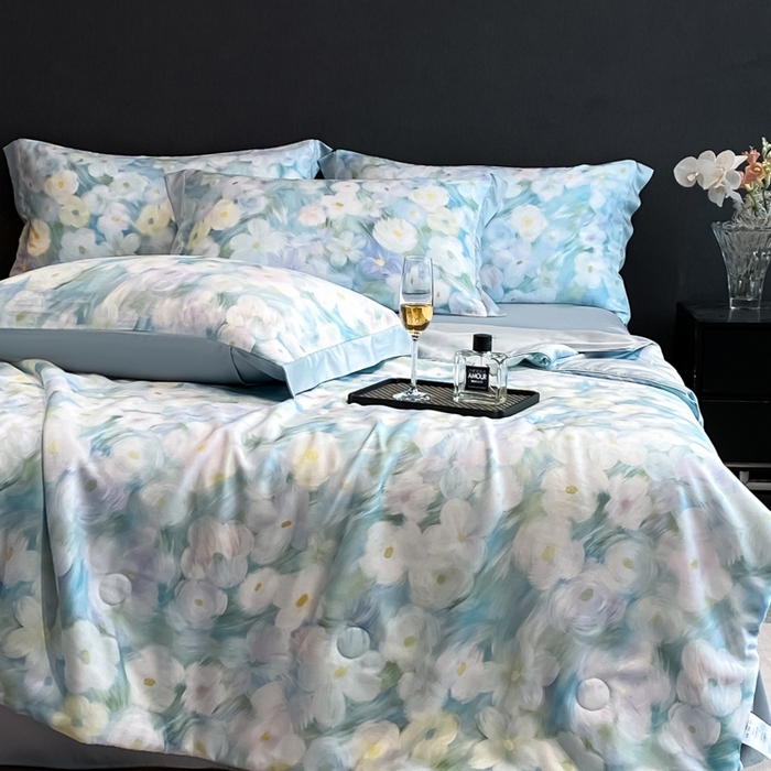 91家纺网 家纺一手货源 找家纺 慕尚家纺 2025新款莱赛尔天丝夏被夏凉被空调被四件套 佩妮丝蓝