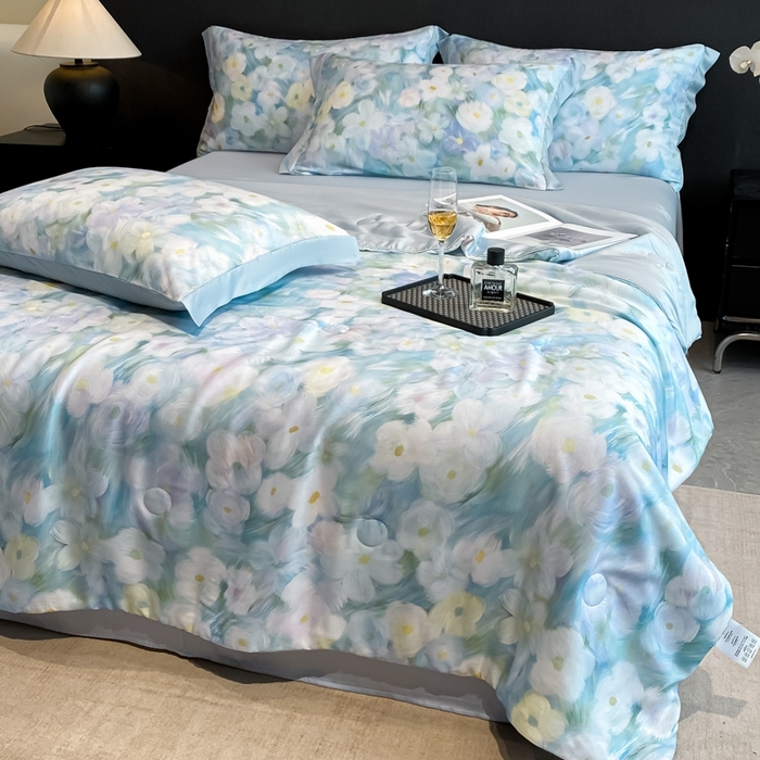 91家纺网 家纺一手货源 找家纺 慕尚家纺 2025新款莱赛尔天丝夏被夏凉被空调被四件套 佩妮丝蓝