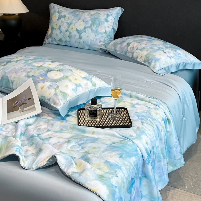 91家纺网 家纺一手货源 找家纺 慕尚家纺 2025新款莱赛尔天丝夏被夏凉被空调被四件套 佩妮丝蓝