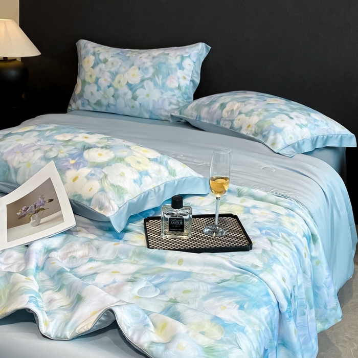 91家纺网 家纺一手货源 找家纺 慕尚家纺 2025新款莱赛尔天丝夏被夏凉被空调被四件套 佩妮丝蓝