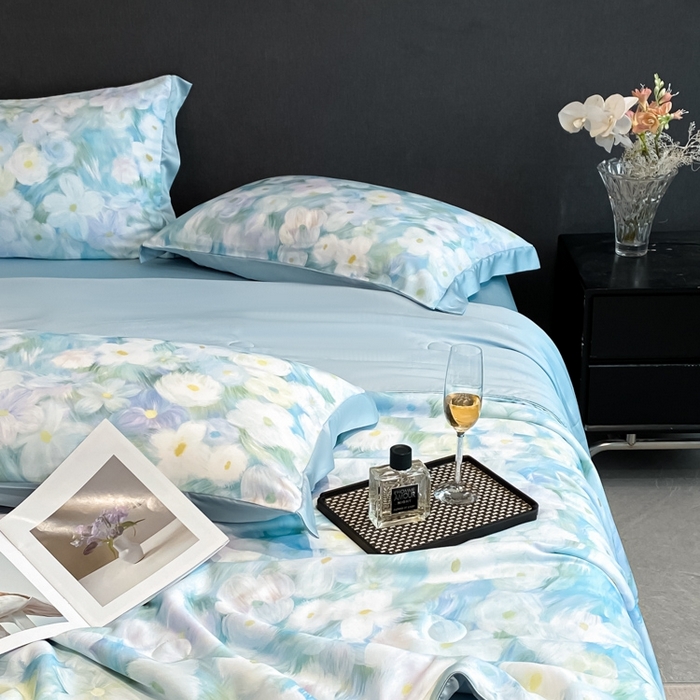 91家纺网 家纺一手货源 找家纺 慕尚家纺 2025新款莱赛尔天丝夏被夏凉被空调被四件套 佩妮丝蓝