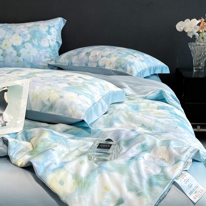 91家纺网 家纺一手货源 找家纺 慕尚家纺 2025新款莱赛尔天丝夏被夏凉被空调被四件套 佩妮丝蓝