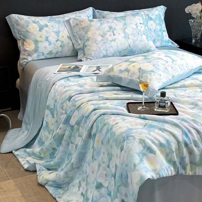 91家纺网 家纺一手货源 找家纺 慕尚家纺 2025新款莱赛尔天丝夏被夏凉被空调被四件套 佩妮丝蓝