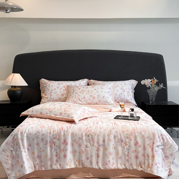 91家纺网 家纺一手货源 找家纺 慕尚家纺 2025新款莱赛尔天丝夏被夏凉被空调被四件套 水漾粉