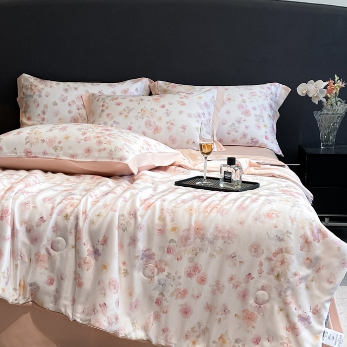 91家纺网 家纺一手货源 找家纺 慕尚家纺 2025新款莱赛尔天丝夏被夏凉被空调被四件套 水漾粉