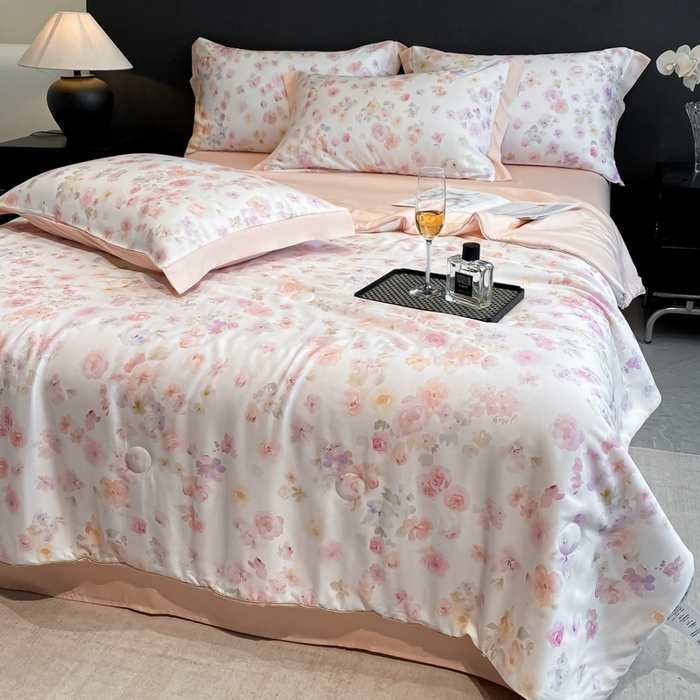 91家纺网 家纺一手货源 找家纺 慕尚家纺 2025新款莱赛尔天丝夏被夏凉被空调被四件套 水漾粉