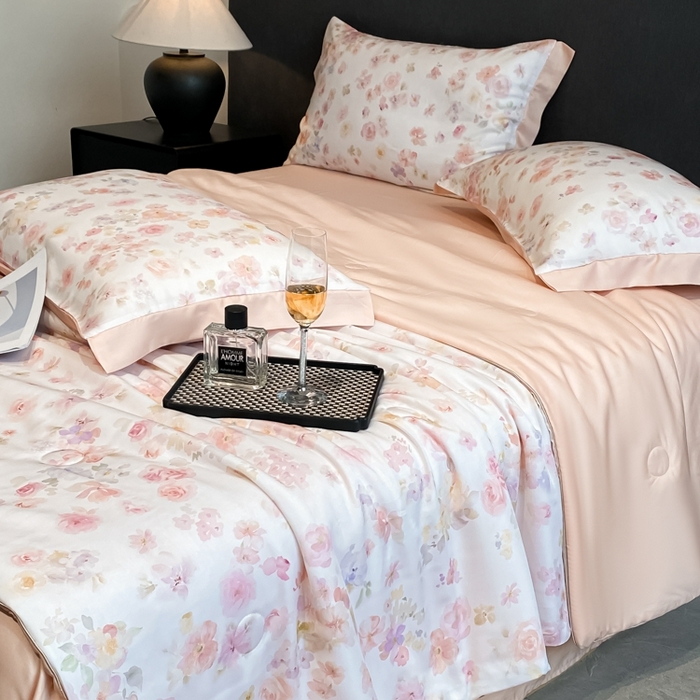 91家纺网 家纺一手货源 找家纺 慕尚家纺 2025新款莱赛尔天丝夏被夏凉被空调被四件套 水漾粉