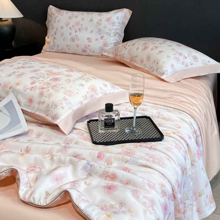 91家纺网 家纺一手货源 找家纺 慕尚家纺 2025新款莱赛尔天丝夏被夏凉被空调被四件套 水漾粉