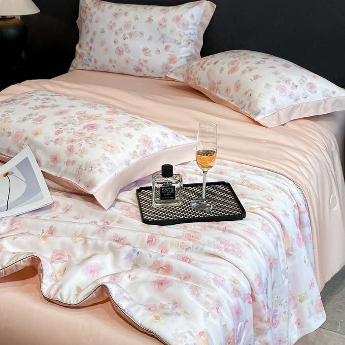 91家纺网 家纺一手货源 找家纺 慕尚家纺 2025新款莱赛尔天丝夏被夏凉被空调被四件套 水漾粉