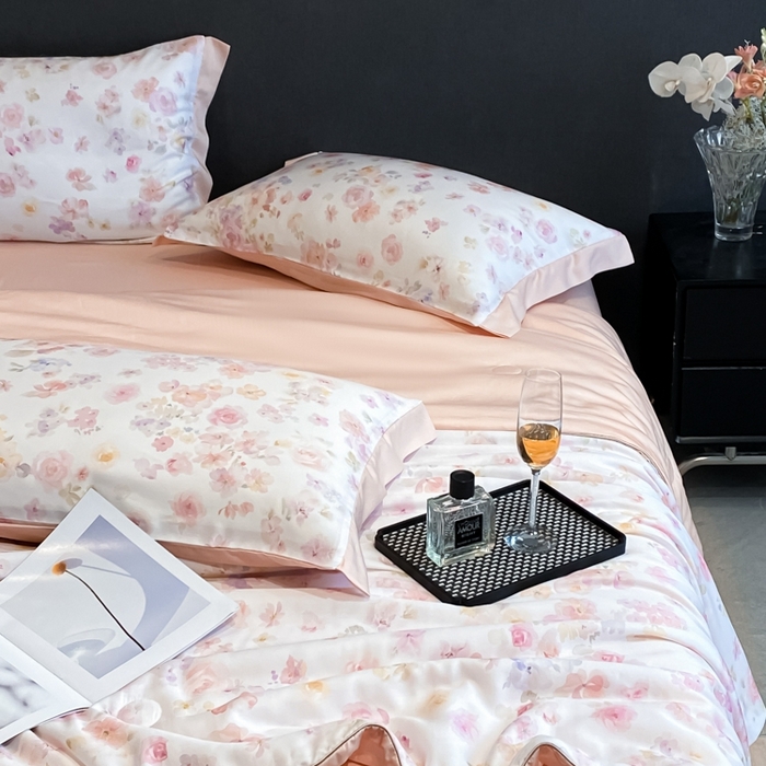 91家纺网 家纺一手货源 找家纺 慕尚家纺 2025新款莱赛尔天丝夏被夏凉被空调被四件套 水漾粉