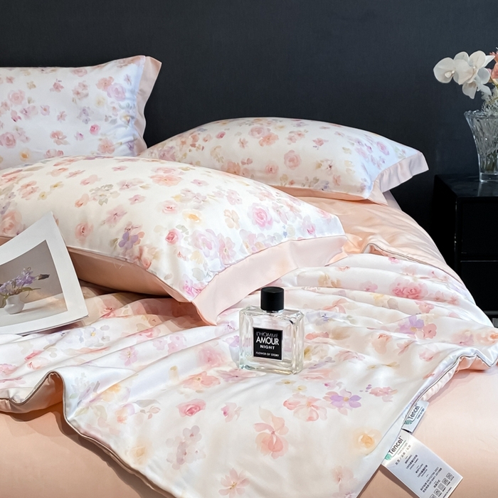 91家纺网 家纺一手货源 找家纺 慕尚家纺 2025新款莱赛尔天丝夏被夏凉被空调被四件套 水漾粉