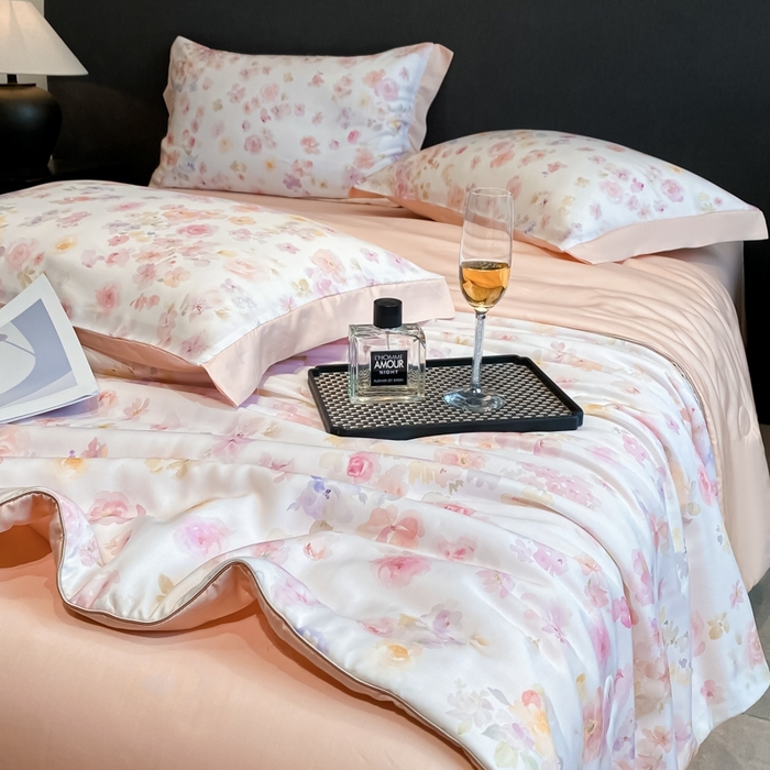 91家纺网 家纺一手货源 找家纺 慕尚家纺 2025新款莱赛尔天丝夏被夏凉被空调被四件套 水漾粉