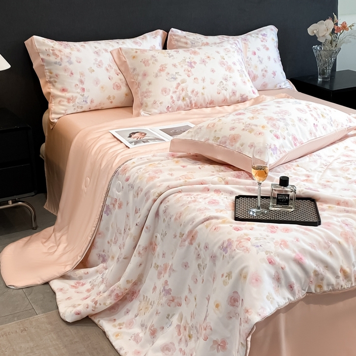 91家纺网 家纺一手货源 找家纺 慕尚家纺 2025新款莱赛尔天丝夏被夏凉被空调被四件套 水漾粉