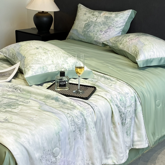 91家纺网 家纺一手货源 找家纺 慕尚家纺 2025新款莱赛尔天丝夏被夏凉被空调被四件套 小桥人家 绿