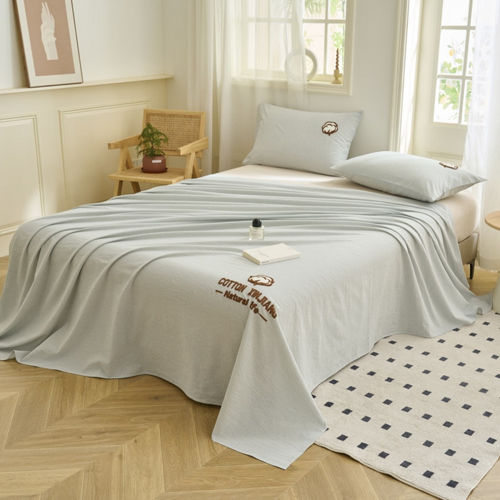 91家纺网 家纺一手货源 找家纺 早晨家纺 2025新款色织纯棉水洗棉毛巾绣床单 流年床单-浅兰