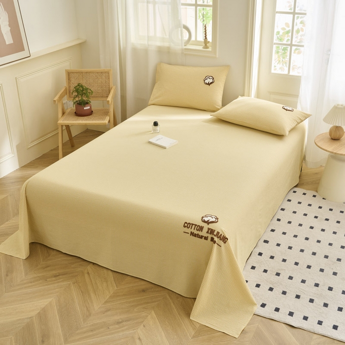 91家纺网 家纺一手货源 找家纺 早晨家纺 2025新款色织纯棉水洗棉毛巾绣床单 星曜床单-姜黄