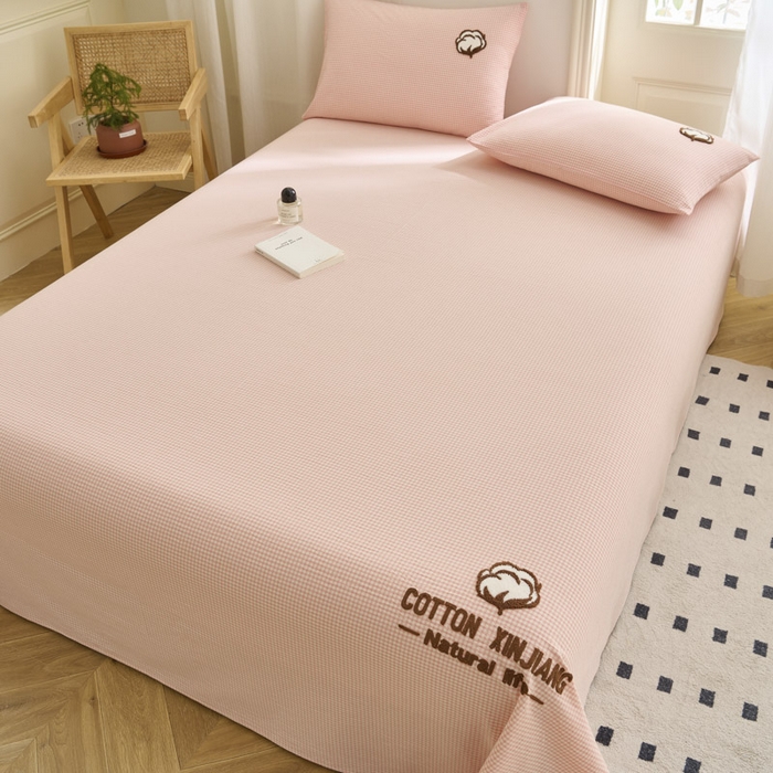 91家纺网 家纺一手货源 找家纺 早晨家纺 2025新款色织纯棉水洗棉毛巾绣床单 星曜床单-浅粉