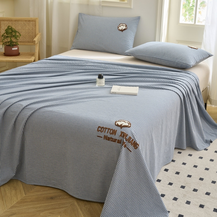 91家纺网 家纺一手货源 找家纺 早晨家纺 2025新款色织纯棉水洗棉毛巾绣床单 星曜床单-深蓝