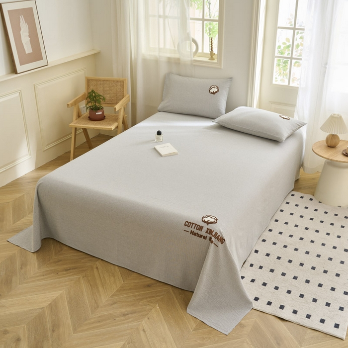 91家纺网 家纺一手货源 找家纺 早晨家纺 2025新款色织纯棉水洗棉毛巾绣床单 流年床单-深灰