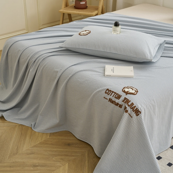 91家纺网 家纺一手货源 找家纺 早晨家纺 2025新款色织纯棉水洗棉毛巾绣床单 星曜床单-浅兰