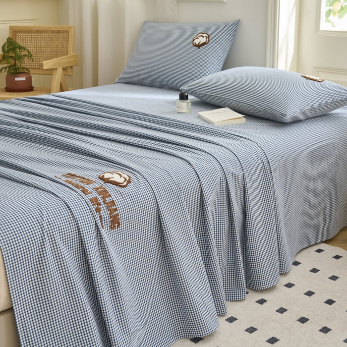 91家纺网 家纺一手货源 找家纺 早晨家纺 2025新款色织纯棉水洗棉毛巾绣床单 星曜床单-深蓝