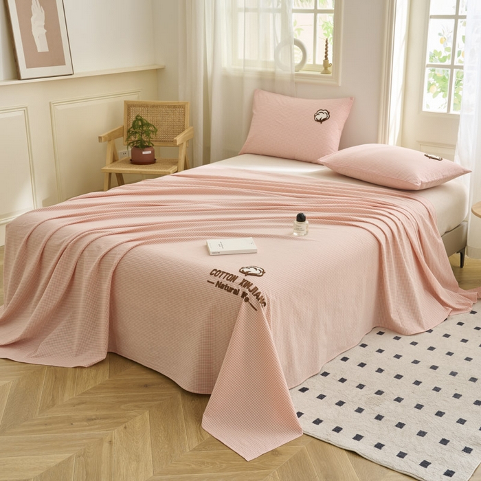 91家纺网 家纺一手货源 找家纺 早晨家纺 2025新款色织纯棉水洗棉毛巾绣床单 星曜床单-浅粉