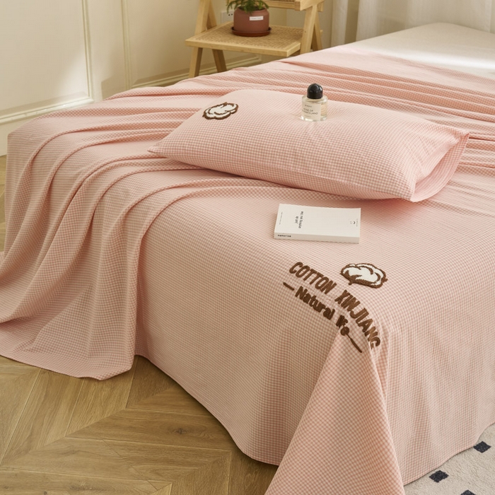 91家纺网 家纺一手货源 找家纺 早晨家纺 2025新款色织纯棉水洗棉毛巾绣床单 星曜床单-浅粉