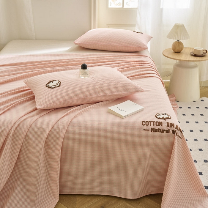 91家纺网 家纺一手货源 找家纺 早晨家纺 2025新款色织纯棉水洗棉毛巾绣床单 星曜床单-浅粉