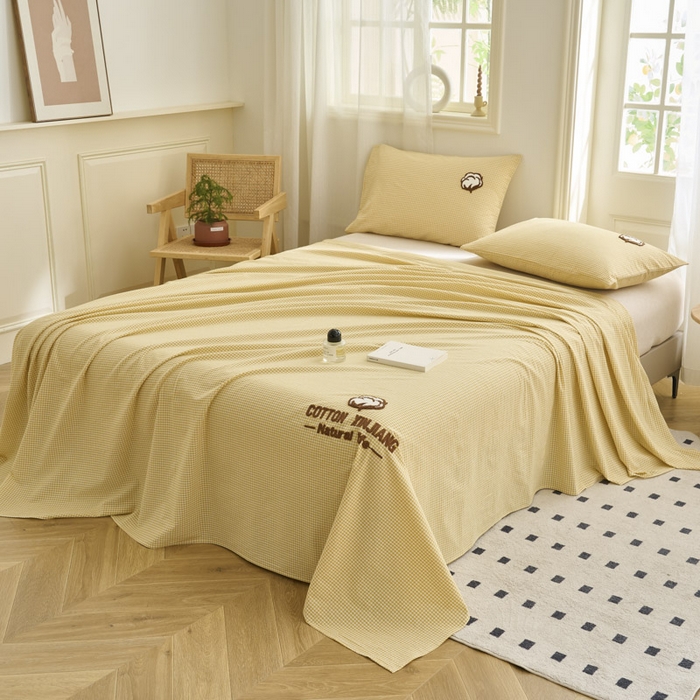 91家纺网 家纺一手货源 找家纺 早晨家纺 2025新款色织纯棉水洗棉毛巾绣床单 星曜床单-姜黄